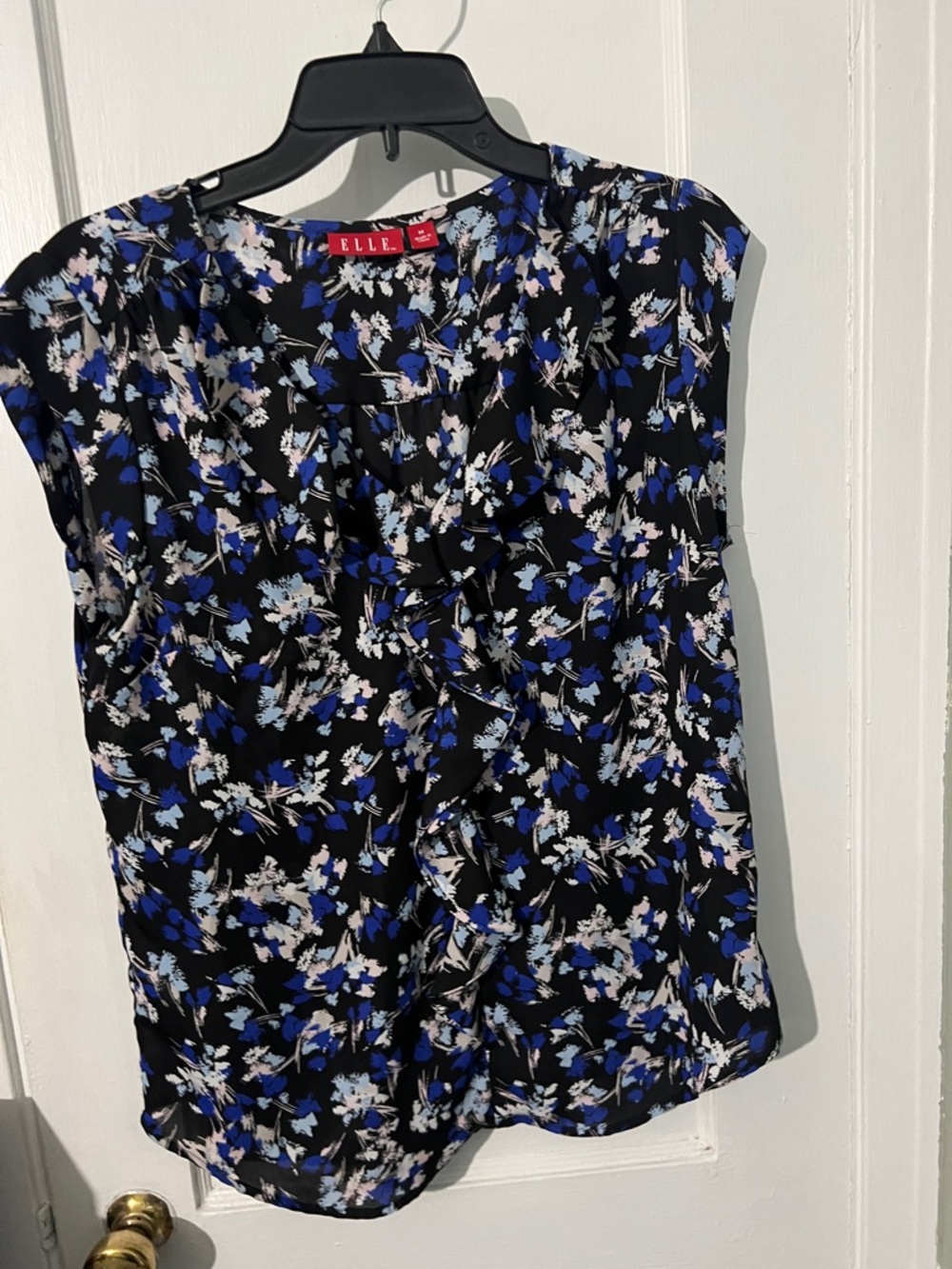 ELLE Black Floral Ruffle Cap Sleeve Top with Blue & White Accents